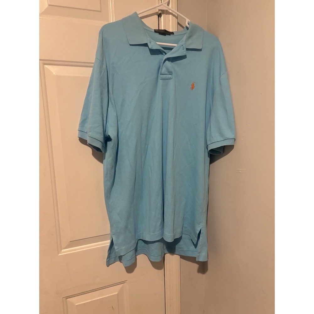 Polo Ralph Lauren‎ Solid Light Blue Cotton Polo Orange Logo Shirt Mens XL